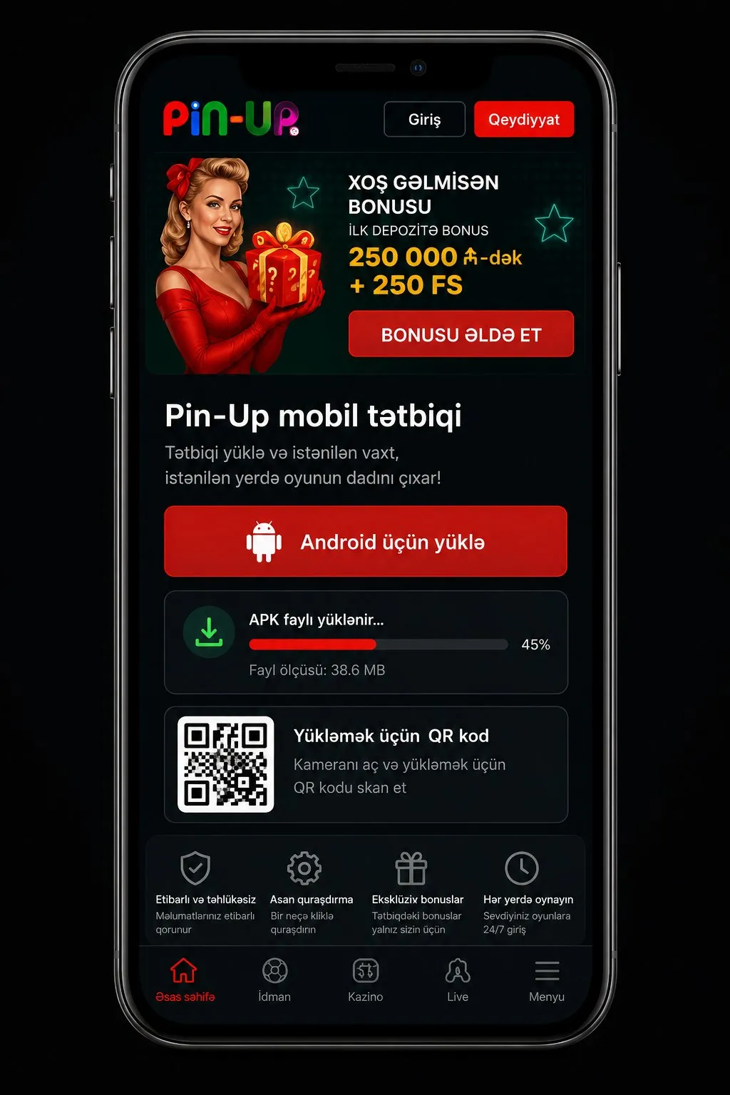 Pin Up yüklə Android APK ekranı